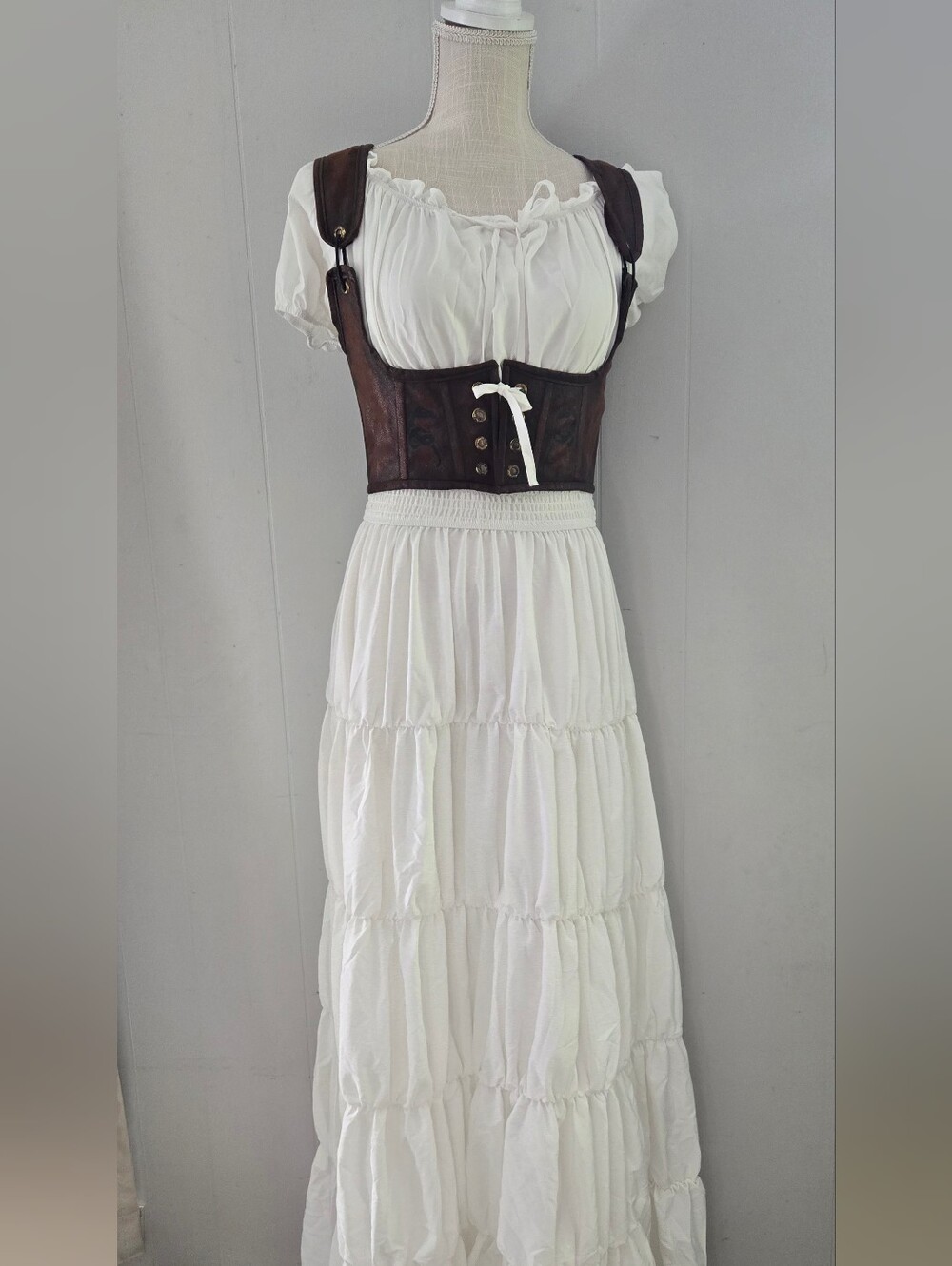 Spirit White Tiered Maxi Skirt with Brown Corset Accent